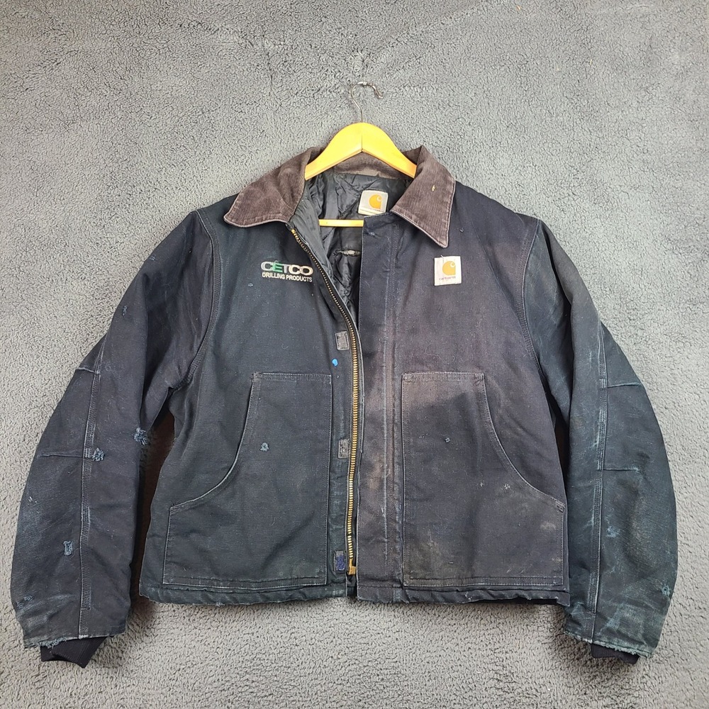 Vintage Carhartt J02 BLK Detroit Jacket Duck Canvas Distressed 46 Regular REPAIR